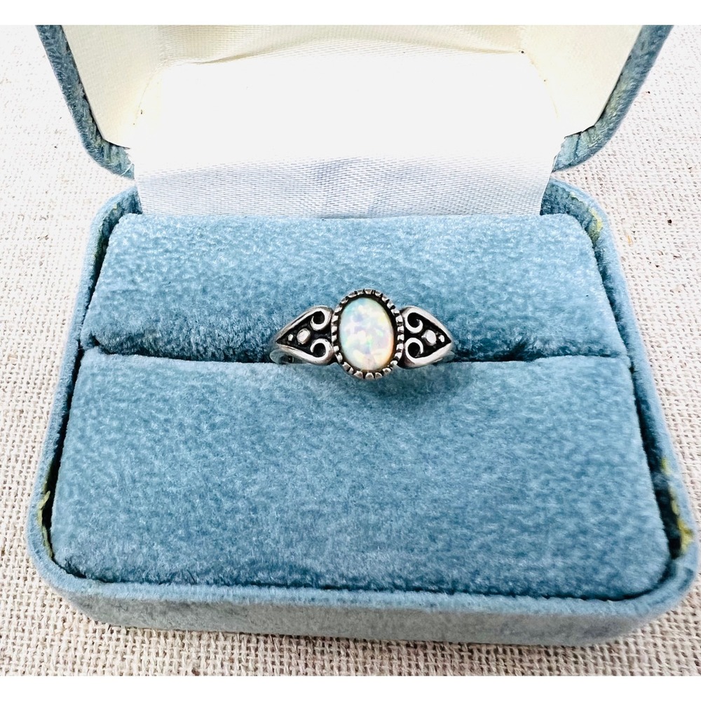 Vintage Sterling Silver Lab Opal Filigree Ring Oval Bezel Scroll Design Size 5